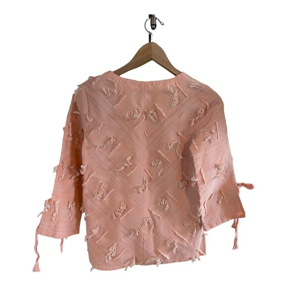 Tru Luxe Jeans Womens Top Small Peach Fringe Textured V Neck 3/4 Sleeve Boho - Picture 4 of 6